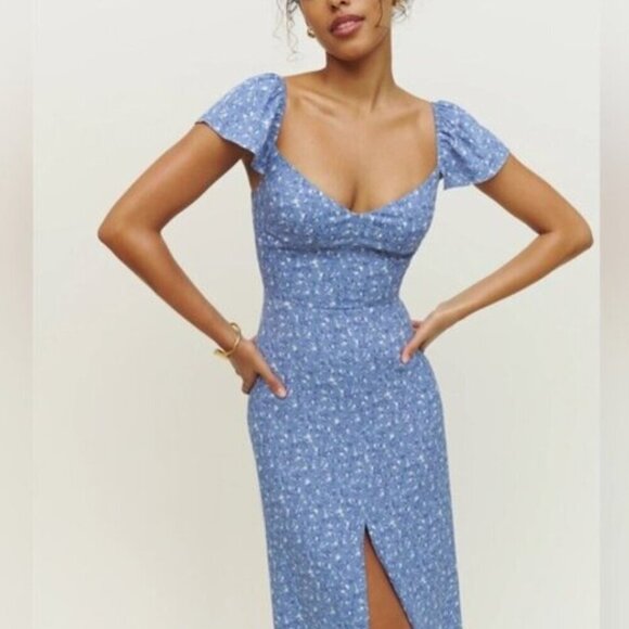 Reformation Baxley Midi Short Sleeve Dress in Eve Blue FloralUS 0 UK 4
